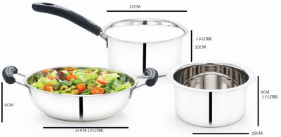 MAHAVIR Stainless Steel Induction and LPG compatible Cookware set Induction Bottom Cookware Set(Stainless Steel, 3 - Piece)