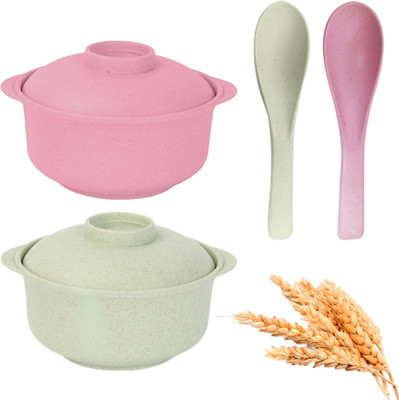 Zibuyu Wheat Straw Fiber Unbreakable Cereal Bowls with Lid & Spoon E-Co Friendly Cookware Set(Plastic, 2 - Piece)