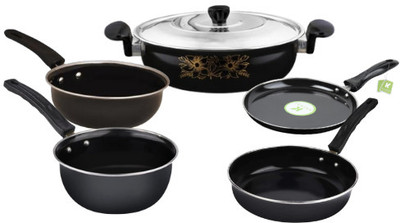 cookpro 6pc Induction Gas Non-Stick Cookware Set Kadahi,Frypan,Saucepan,Tadka pan,Tawa Induction Bottom Non-Stick Coated Cookware Set(Hard Anodised, 6 - Piece)