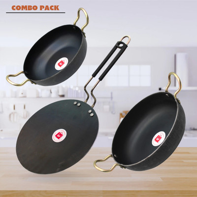 LAZYwindow Traditional Iron Deep Bottom Kadhai And Tawa with insulated Handle Induction Bottom Cookware Set(Iron, 3 - Piece)
