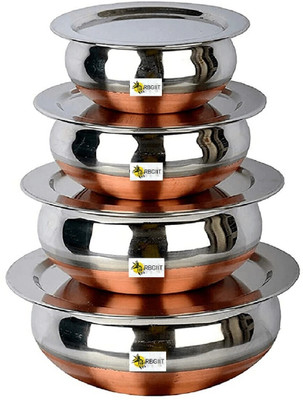 RBGIIT Serving Handi Set with Lid Copper Bottom Stainless Steel Cooking Pot Serving K2 Cookware Set(Stainless Steel, 4 - Piece)