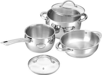 VINOD Letten Stainless Steel 3 Pc Cookware Set – Kadai, Saucepan, Saucepot with Lid Induction Bottom Non-Stick Coated Cookware Set(Stainless Steel, 3 - Piece)
