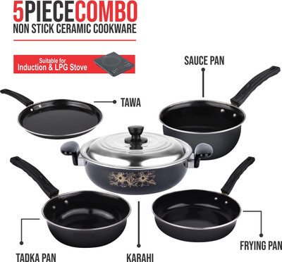 Maharajee Pack of 5 pc (Kadhai (With Lid), Fry Pan, Sauce Pan, Tadka Pan & Tawa) Induction Bottom Non-Stick Coated Cookware Set(Cast Iron, Iron, 6 - Piece)