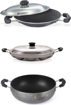 HM EVOTEK 3 Layer Coated Appchetty With Lids Appam Patra With Lids & KAdhai Without Lids Non-Stick Coated Cookware Set(Aluminium, 3 - Piece)