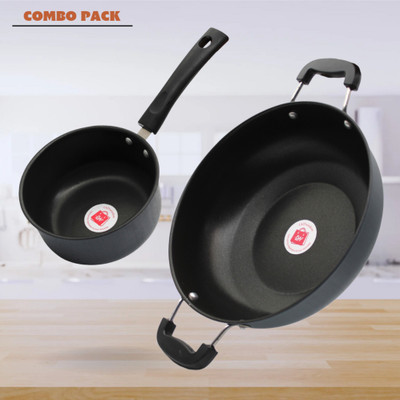 LAZYwindow Nonstick Sauce Pan & Kadhai Combo (Black And Base Grey) Induction Bottom Non-Stick Coated Cookware Set(Hard Anodised, 2 - Piece)