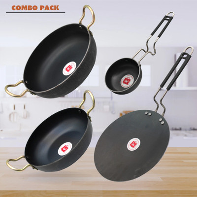 LAZYwindow LAZYwindow Traditional Iron Deep Bottom Kadhai,Tawa & Tadka Pan with insulated Induction Bottom Cookware Set(Iron, 4 - Piece)