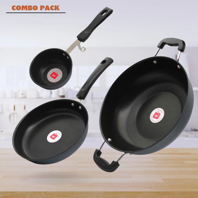 LAZYwindow Nonstick Tadka Pan, Fry Pan & Kadhai Combo (Black And Base Grey) Induction Bottom Non-Stick Coated Cookware Set(Hard Anodised, 3 - Piece)