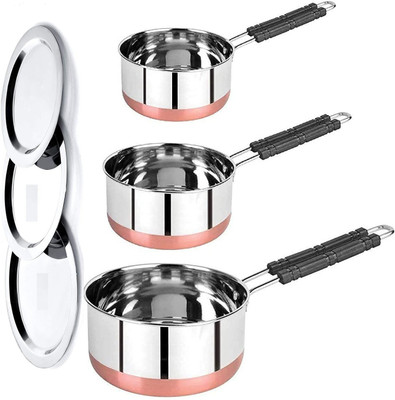 LIMETRO STEEL Set of 3 Flat Bottom Copper Base Saucepan with Lid / Tea Coffee Pan Set Induction Bottom Cookware Set(Stainless Steel, 3 - Piece)
