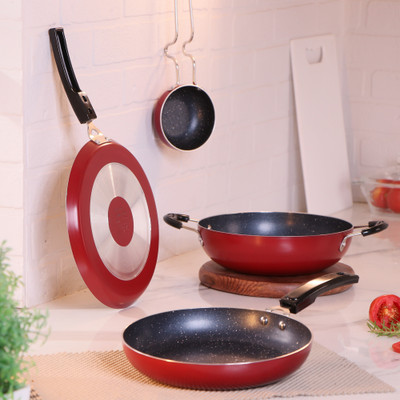 Flipkart SmartBuy 4 Piece Non-Stick Combo Set of Dosa Tawa, Fry pan, Kadhai & Tadka Pan(Vaghariya) Non-Stick Coated Cookware Set(Aluminium, 4 - Piece)