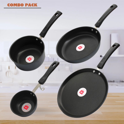 LAZYwindow Nonstick Tadka/Sauce/Fry Pan & Tawa Combo (Black And Base Grey) Induction Bottom Non-Stick Coated Cookware Set(Hard Anodised, 4 - Piece)