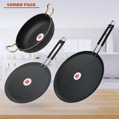 LAZYwindow Traditional Iron Tawa & Deep Bottom Kadhai Induction Bottom Cookware Set(Iron, 3 - Piece)