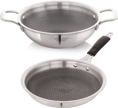 NIRLON Prima Honeycomb Triply Steel Cookware Set of 2Pc|Fry Pan 24cm/Kadai 20cm-1.6Ltr Induction Bottom Non-Stick Coated Cookware Set(Triply, 2 - Piece)