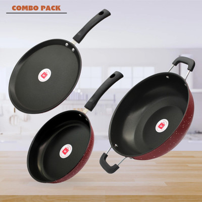 LAZYwindow Premium Quality Nonstick Fry Pan/Tawa And Kadhai Combo (Black And Base Maroon) Induction Bottom Non-Stick Coated Cookware Set(Hard Anodised, 3 - Piece)