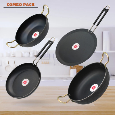 LAZYwindow Traditional Iron Deep Bottom Kadhai / Fry Pan And Tawa with insulated Handle Induction Bottom Cookware Set(Iron, 4 - Piece)