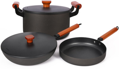The Better Home Cast Iron Cookware Set With Lid | Enamel Coated | 3Pcs Induction Bottom Non-Stick Coated Cookware Set(Iron, 3 - Piece)