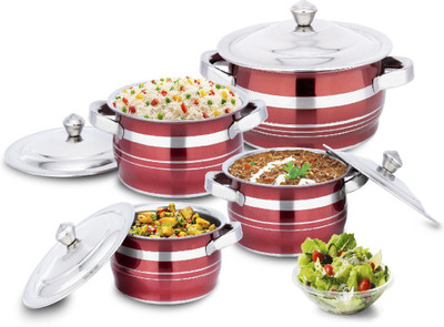 MAHAVIR Stainless Steel 4 Pcs Handi Set with lid Glossy Finish Induction Bottom Cookware Set(Stainless Steel, 4 - Piece)