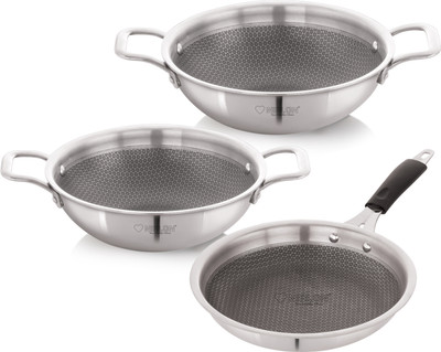 NIRLON Prima Honeycomb Triply Cookware Set|Fry Pan 24cm/Kadai 20cm-1.6Ltr & 22cm-2Ltr Induction Bottom Non-Stick Coated Cookware Set(Triply, 3 - Piece)