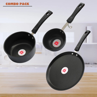 LAZYwindow Nonstick Tadka Pan, Sauce Pan & Tawa Combo (Black And Base Grey) Induction Bottom Non-Stick Coated Cookware Set(Hard Anodised, 3 - Piece)