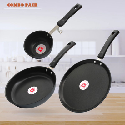 LAZYwindow Nonstick Tadka/Fry Pan And Tawa Combo Induction Bottom Non-Stick Coated Cookware Set(Hard Anodised, 3 - Piece)