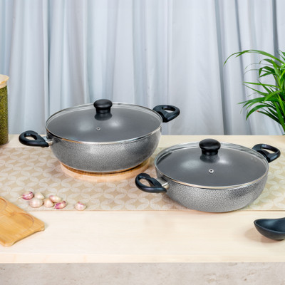 Kreme DELUXE 3mm Kadai 2.5Ltr + Kadai 4.5Ltr Set of 2 pcs Induction Bottom Non-Stick Coated Cookware Set(Aluminium, 2 - Piece)