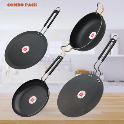 LAZYwindow LAZYwindow Traditional Iron Fry Pan / TawaAnd Deep Bottom Kadhai Combo Pack Induction Bottom Cookware Set(Iron, 4 - Piece)