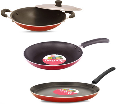 NAVRANG Non Stick DOSA TAWA 275+FRYPAN 220+APPACHETTY + SSLID - Non INDUCTION,RED Non-Stick Coated Cookware Set(Aluminium, 4 - Piece) NAVRANG Non Stick DOSA TAWA 275+FRYPAN 220+APPACHETTY + SSLID - Non INDUCTION,RED Non-Stick Coated Cookware Set(Aluminium, 4 - Piece)
