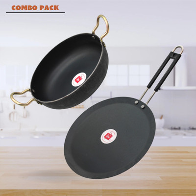 LAZYwindow Traditional Iron Tawa & Deep Bottom Kadhai (Base Black) Induction Bottom Cookware Set(Iron, 2 - Piece)