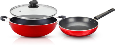 NAVRANG NONSTICK 3PCS INDUCTION SET KADAI GLASS LID 22CM AND FRY PAN 22CM,RED Induction Bottom Non-Stick Coated Cookware Set(Aluminium, 3 - Piece)