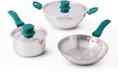 The Indus Valley Stainless steel cookware set of 5 | Kadai, Frypan, Sauce pan Induction Bottom Cookware Set(Stainless Steel, 3 - Piece)