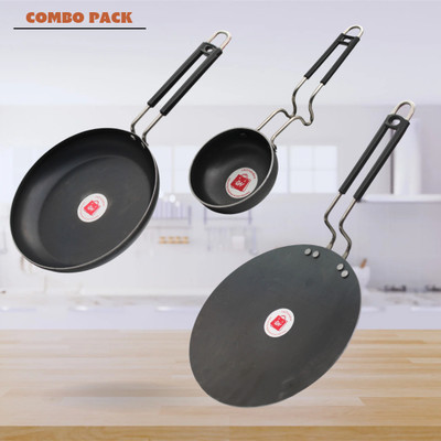 LAZYwindow Traditional Iron Fry Pan, Tawa And Tadka Pan with Steel Handle Induction Bottom Cookware Set(Iron, 3 - Piece)