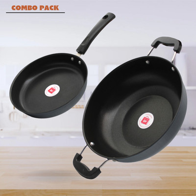 LAZYwindow LAZYwindow Premium Quality Nonstick Cookware Combo - Fry Pan + Kadhai Induction Bottom Non-Stick Coated Cookware Set(Hard Anodised, 2 - Piece)