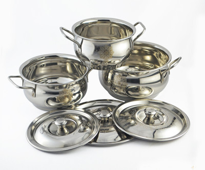 RAMILA Handi set with lid, cook & serve Handi ( Laser Design ) Induction Bottom Cookware Set(Stainless Steel, 6 - Piece)
