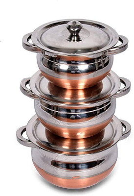 AVADHARA Stainless Steel Copper Bottom Handi with lid - Kitchen Serving & Cookware, Cooking Bowl | Handi Set 3-Pieces | Biryani Handi Set with Handle Induction Bottom Non-Stick Coated Cookware Set(Stainless Steel, 3 - Piece)