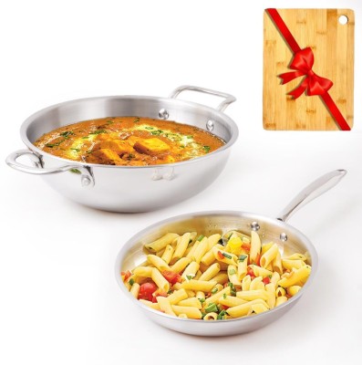The Indus Valley Triply Stainless Steel Kadai, Fry Pan & Wooden Chopping Board Combo Induction Bottom Cookware Set(Triply, 3 - Piece)