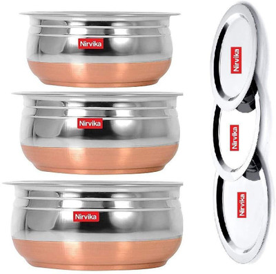 Nirvika Stainless steel Cooking & serving bowl Patila set of 3 pcs and 3 pcs lid Induction Bottom Non-Stick Coated Cookware Set(Stainless Steel, 3 - Piece)