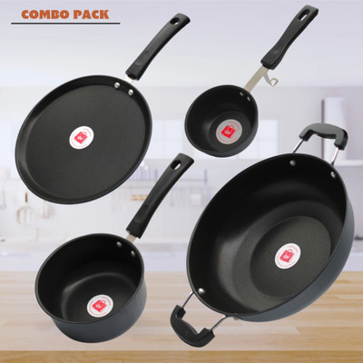 LAZYwindow LAZYwindow Premium Quality Nonstick Tadka Pan/Souce Pan/Tawa And Kadhai Induction Bottom Non-Stick Coated Cookware Set(Hard Anodised, 4 - Piece)