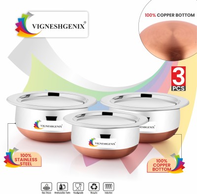 Vigneshgenix Stainless Steel Serving Bowl Copper Bottom 500ML 800ML 1200ML Handi Set with Lid(Pack of 3, Silver)