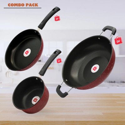 LAZYwindow LAZYwindow Premium Quality Nonstick Souce Pan/Fry Pan And Kadhai Combo Induction Bottom Non-Stick Coated Cookware Set(Hard Anodised, 3 - Piece)