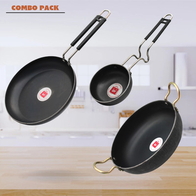 LAZYwindow Traditional Iron Fry Pan, Tadka Pan And Deep Bottom Kadhai Induction Bottom Cookware Set(Iron, 3 - Piece)