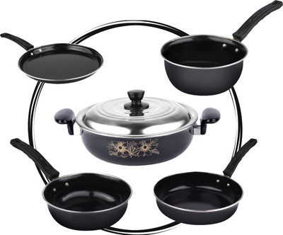 MY STORE Non-Stick Cookware Set (6 Pcs) Kadhai with Lid, Tawa, Frypan, Saucepan, Tadka - Induction Bottom Non-Stick Coated Cookware Set(Cast Iron, 6 - Piece)