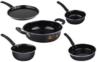 Maharajee Cookware set combo of 5 Pcs Induction Bottom Non-Stick Coated Cookware Set(Aluminium, 5 - Piece)