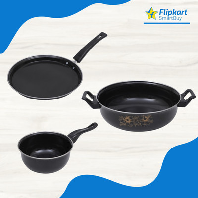 Flipkart SmartBuy Non-Stick Cookware Set - Kadhai, Tawa & Sauce Pan - Induction Bottom Non-Stick Coated Cookware Set(Cast Iron, PTFE (Non-stick), 3 - Piece)