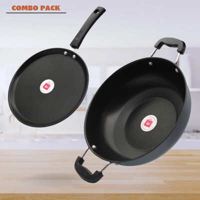 LAZYwindow LAZYwindow Premium Quality Nonstick Cookware Combo - Tawa + Kadhai Induction Bottom Non-Stick Coated Cookware Set(Hard Anodised, 2 - Piece)