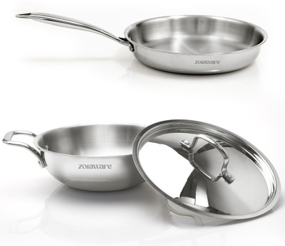 ZORAWARE Triply 3 Pcs Kadai-Fry Pan Cookware Set l Induction Compatible|20 cm -Serves 1-2 Induction Bottom Cookware Set(Stainless Steel, 2 - Piece)