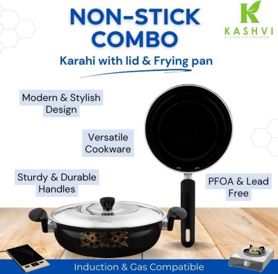 Kashvi Deep-Fry Kadahi with Stainless Steel Lid+ Deep Frying Pan Combo Kitchen Set Induction Bottom Non-Stick Coated Cookware Set(Cast Iron, 2 - Piece)