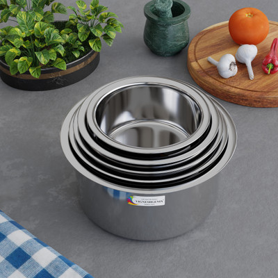VIGSHRISE Pack of 5 Stainless Steel Dinner Set Pateli Bhagona For Cooking Serving Tope set Dinner Set(Silver, Microwave Safe)