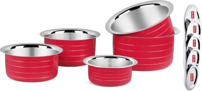 Nirvika Red Powder Coating Stainless Steel Tope, Cooking Serving Dinner Bowl with Lid Cookware Set(Stainless Steel, 10 - Piece)