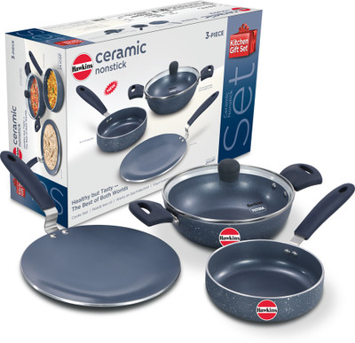 Hawkins Ceramic Nonstick 3-Piece Kitchen Gift Set - Kadhai, Frying Pan and Tava (24ICGP) Induction Bottom Non-Stick Coated Cookware Set(Aluminium, 3 - Piece)