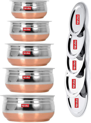 Nirvika Copper Bottom Stainless Steel Handi Set with Lid/ serving bowl/Dinner Set Non-Stick Coated Cookware Set(Stainless Steel, 5 - Piece)