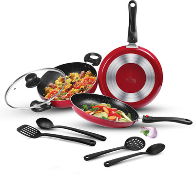 MILTON Pro Cook Kitchen Pride Plus Granito Non Induction, Maroon Non-Stick Coated Cookware Set(Aluminium, 7 - Piece)